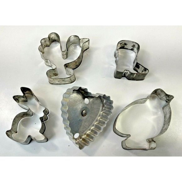 5 Antique Cookie Cutters Turkey Bird Bunny Rabbit Cowboy Boot Metal Tin Vtg Lot - Picture 5 of 6